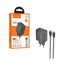 Hoco Adapter N51 Safe 3 Ports 1 USB+2 Type-C PD 65W with Type-C to Type-C Cable 1M Black Hoco Adapter N51 Safe 3 Ports 1 USB+2 Type-C PD 65W with Type-C to Type-C Cable 1M Black